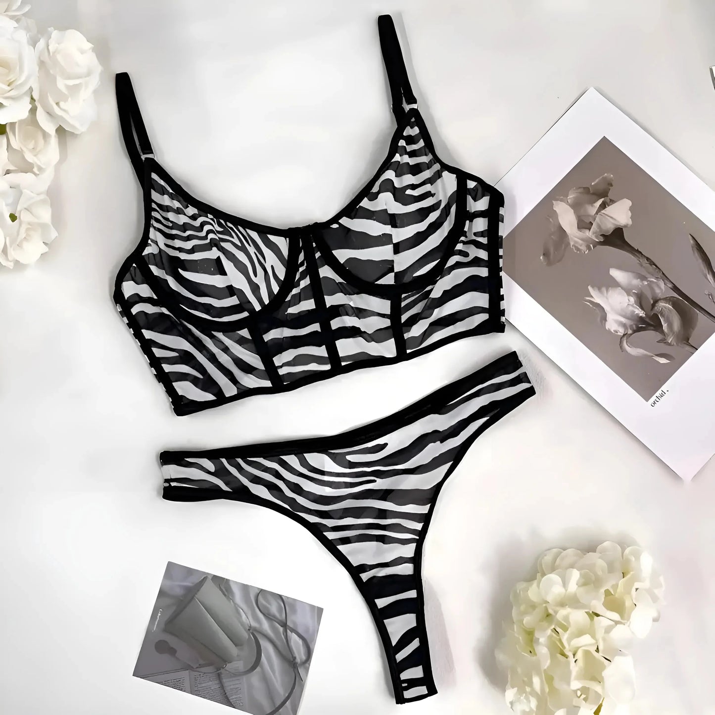 Bianco Set di Lingerie in Pizzo Zebra