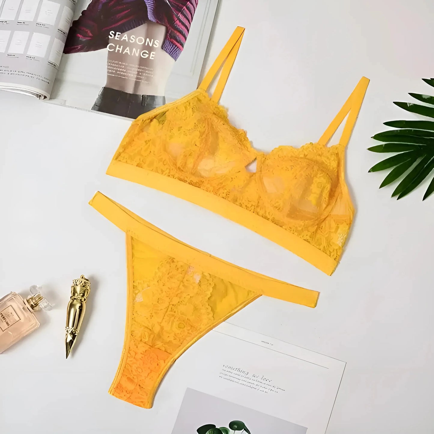 Giallo Set di Lingerie in Pizzo a Vita Alta