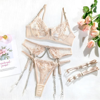 Beige Set di Lingerie in Pizzo a 3 Pezzi con Catene