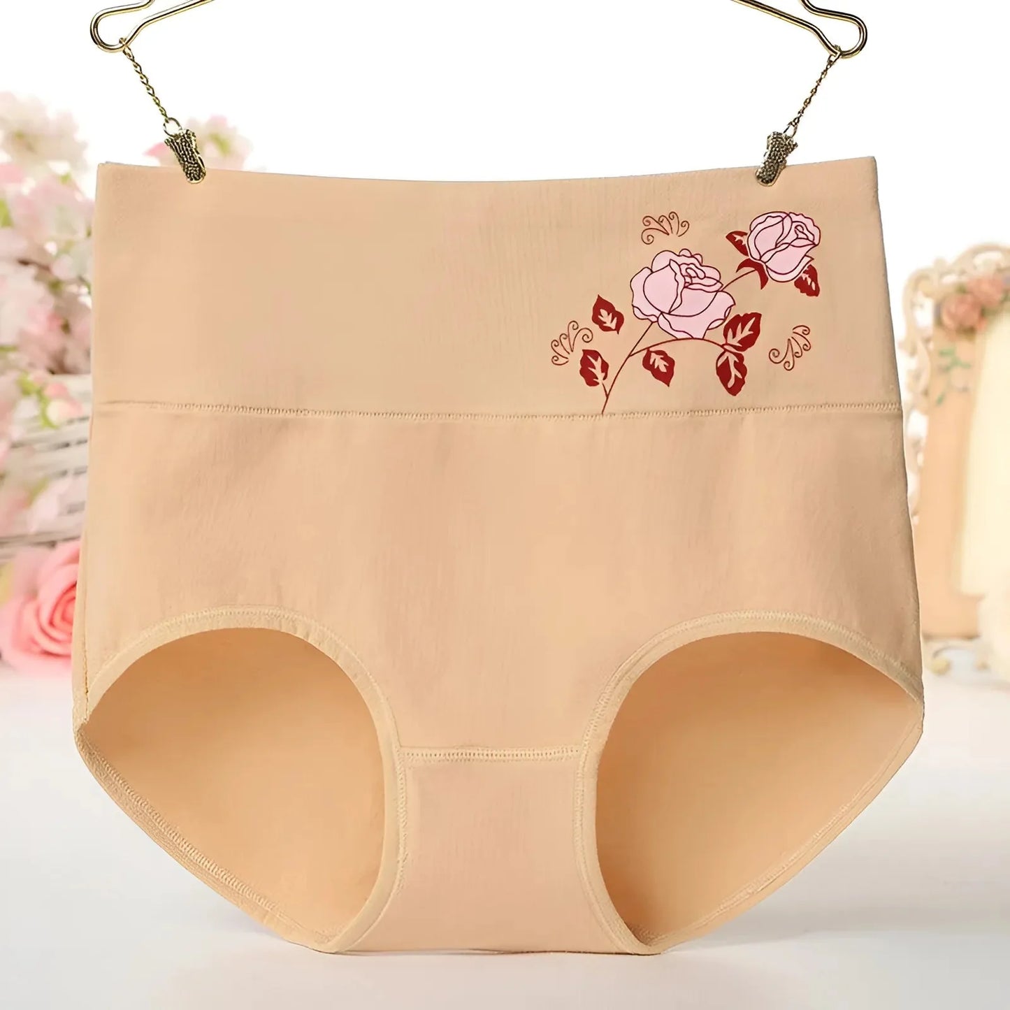 Beige Mutandine a vita alta con rosa decorativa