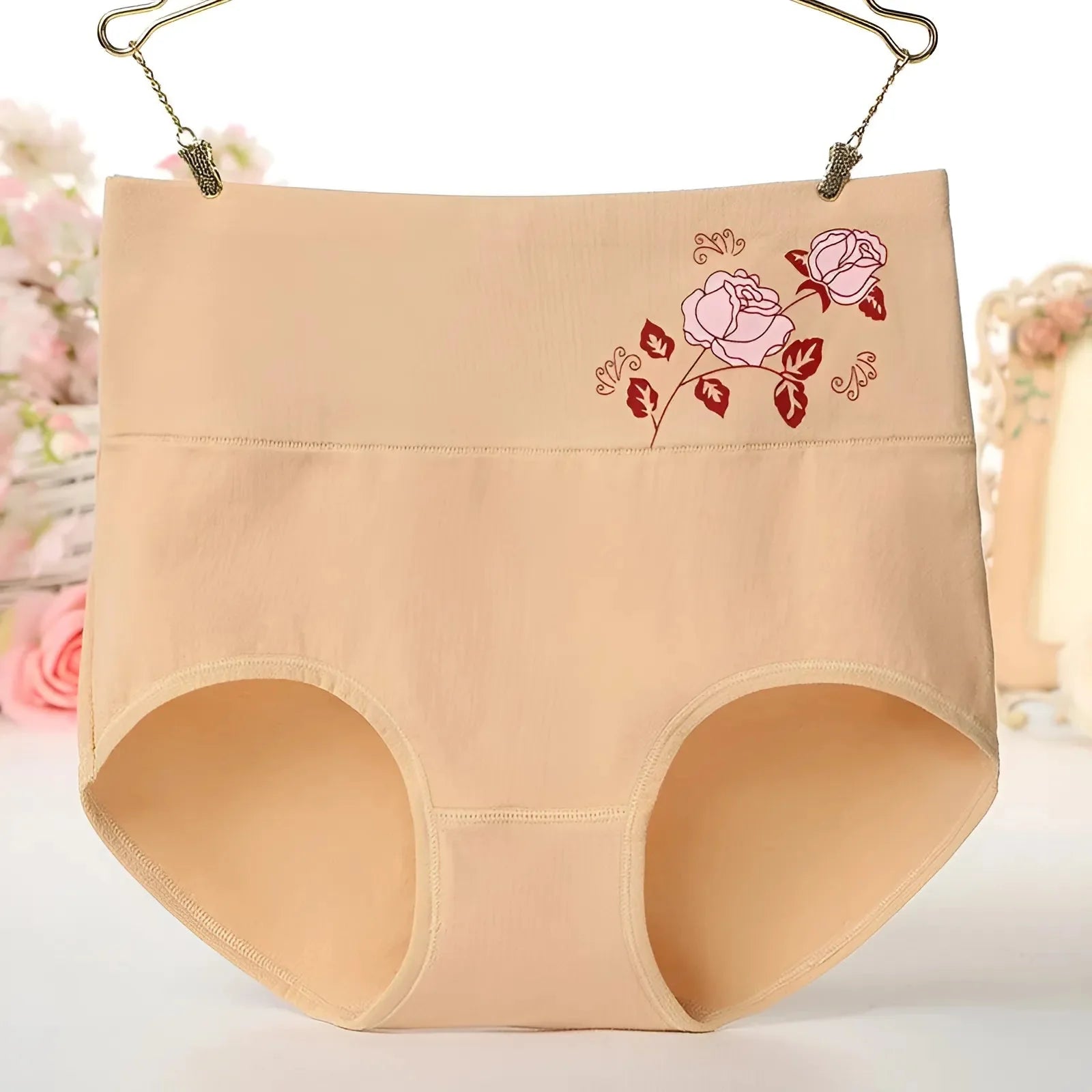 Beige Mutandine a vita alta con rosa decorativa