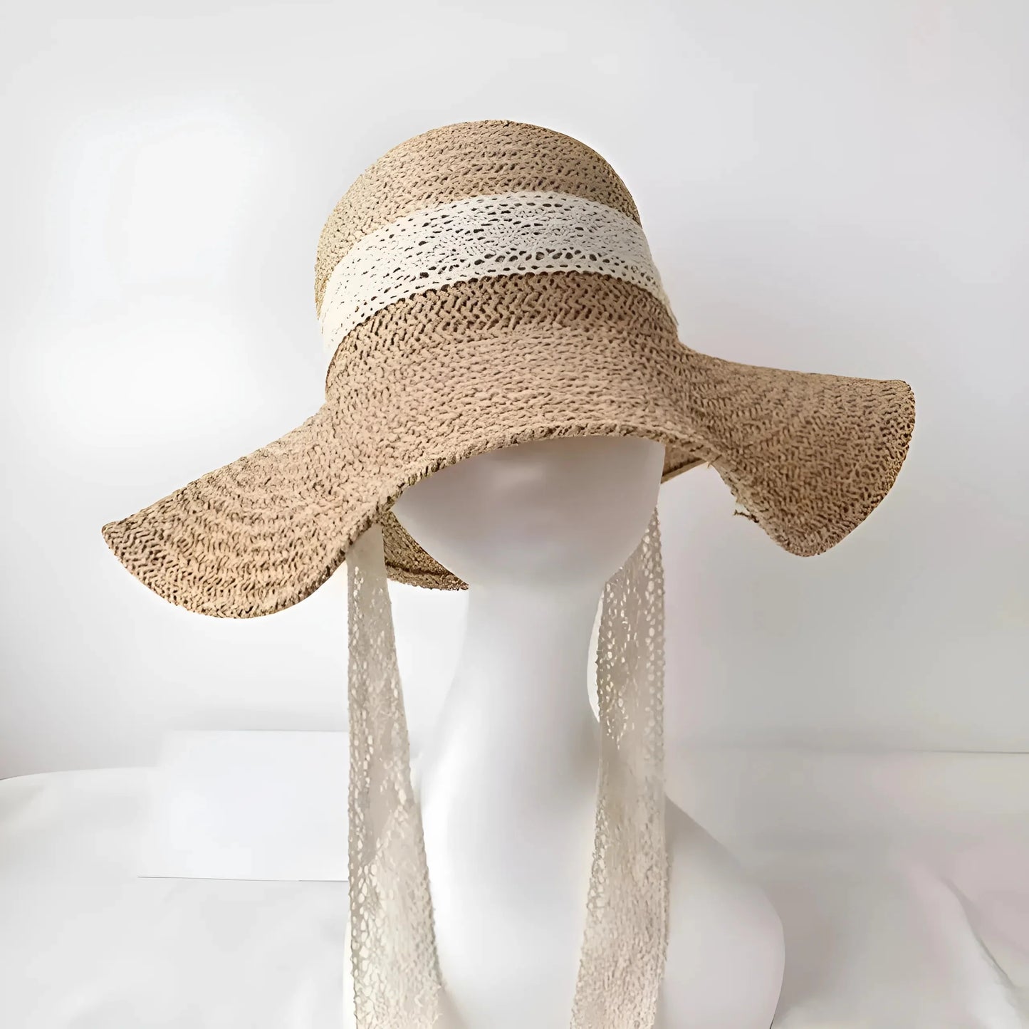 Beige Cappello da spiaggia con nastro di pizzo