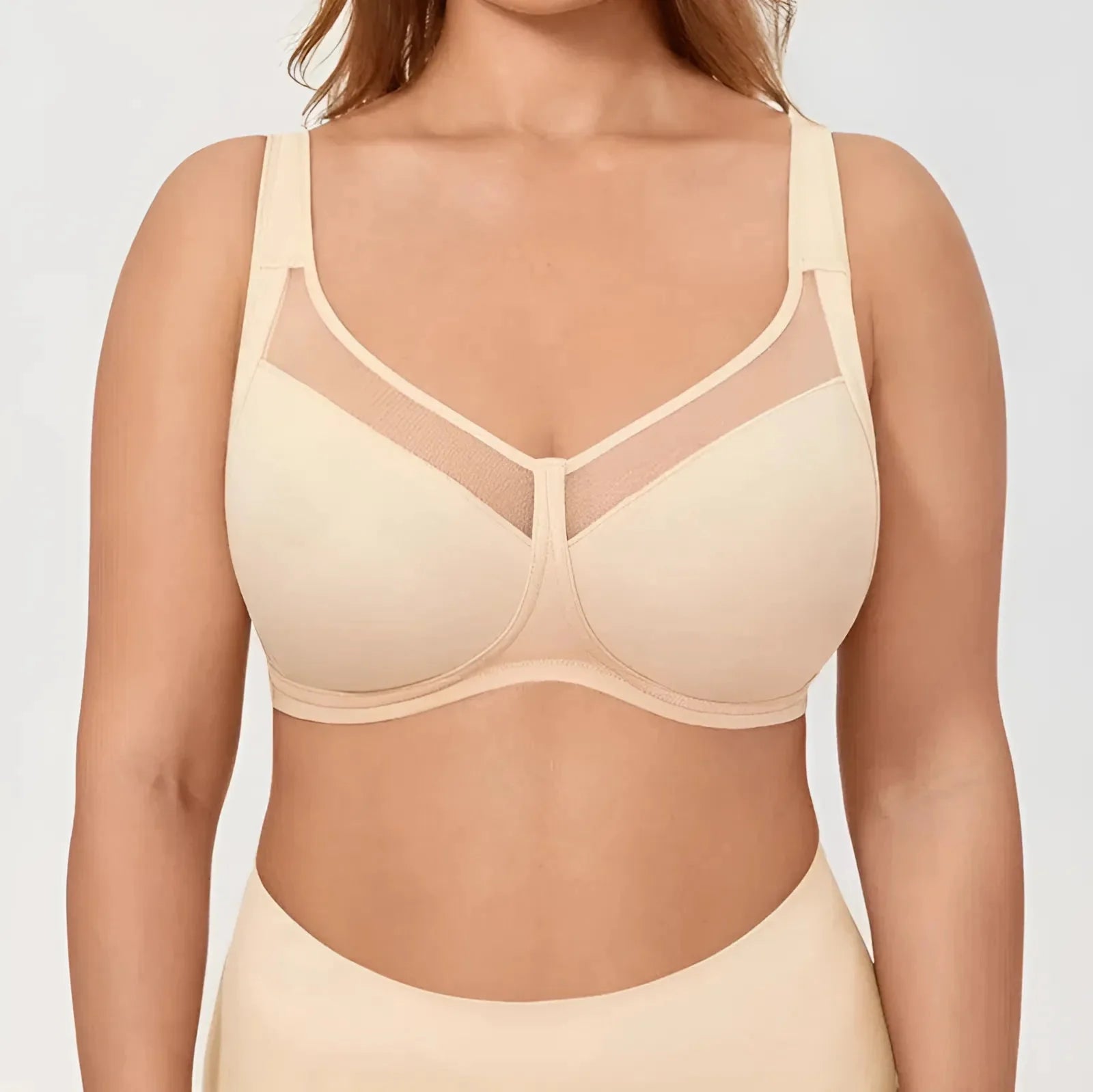 Beige Reggiseno Sportivo Taglia Grande con Pannello in Rete