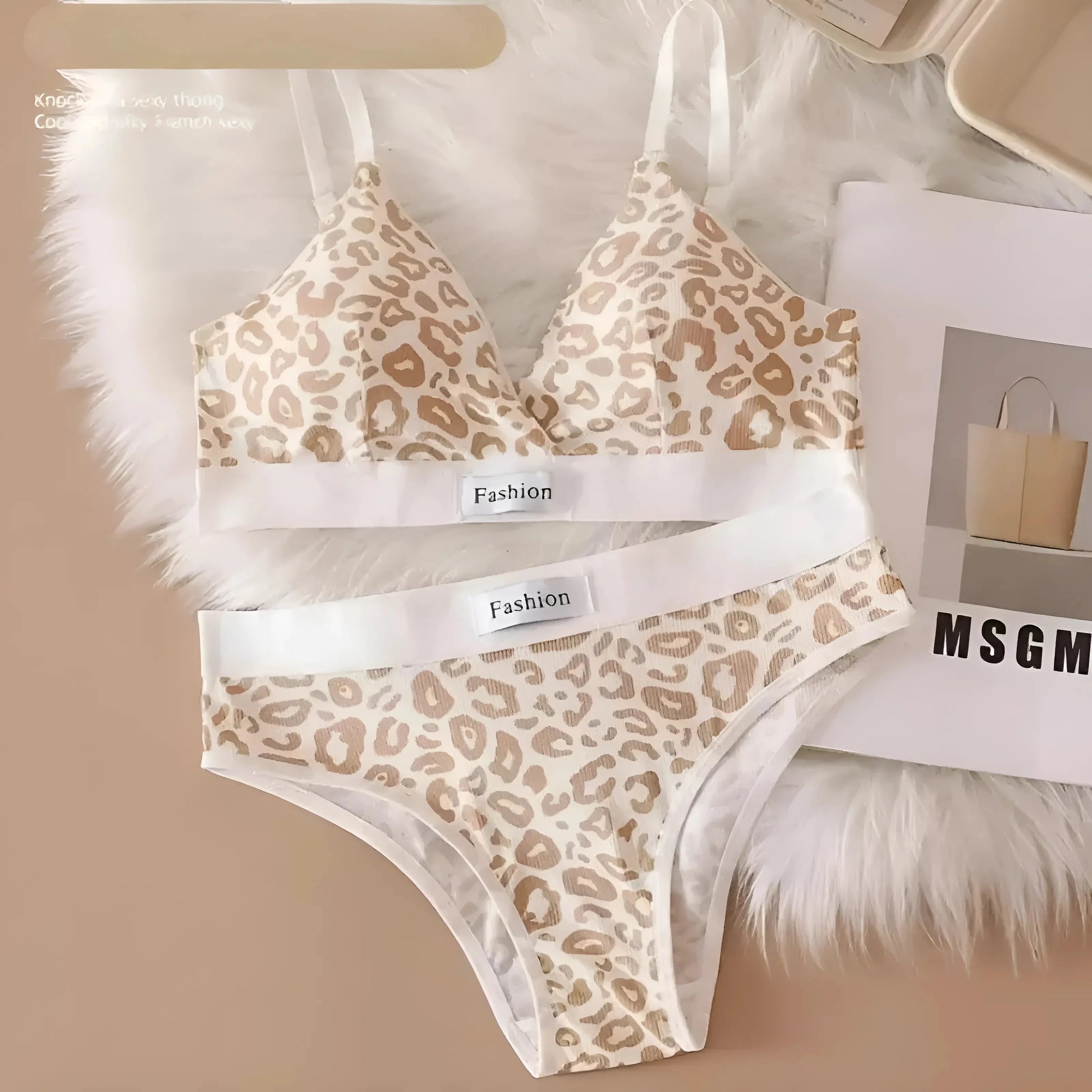 Beige Set di Lingerie a Stampa Leopardo