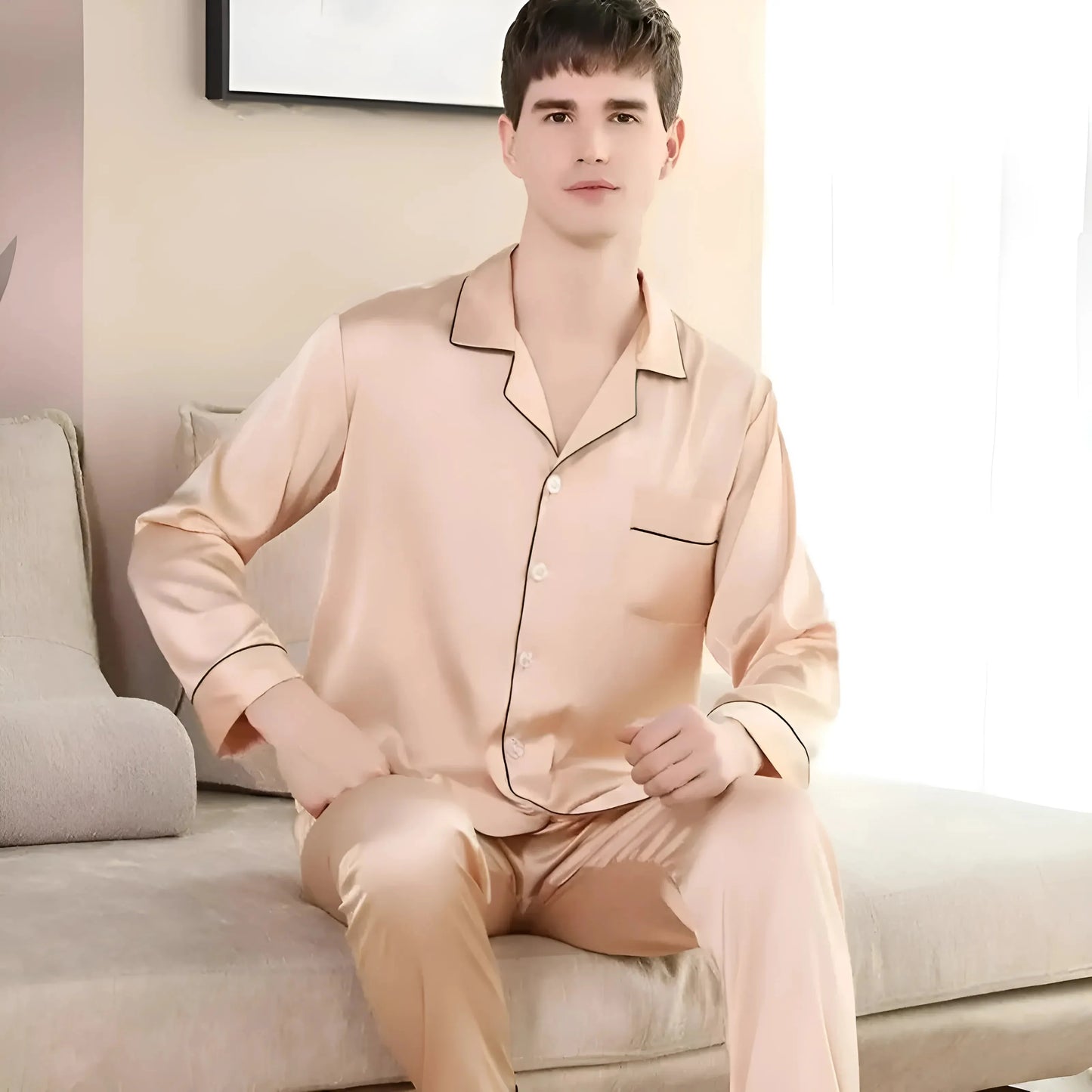 Beige Set di Pigiama in Satin da Uomo