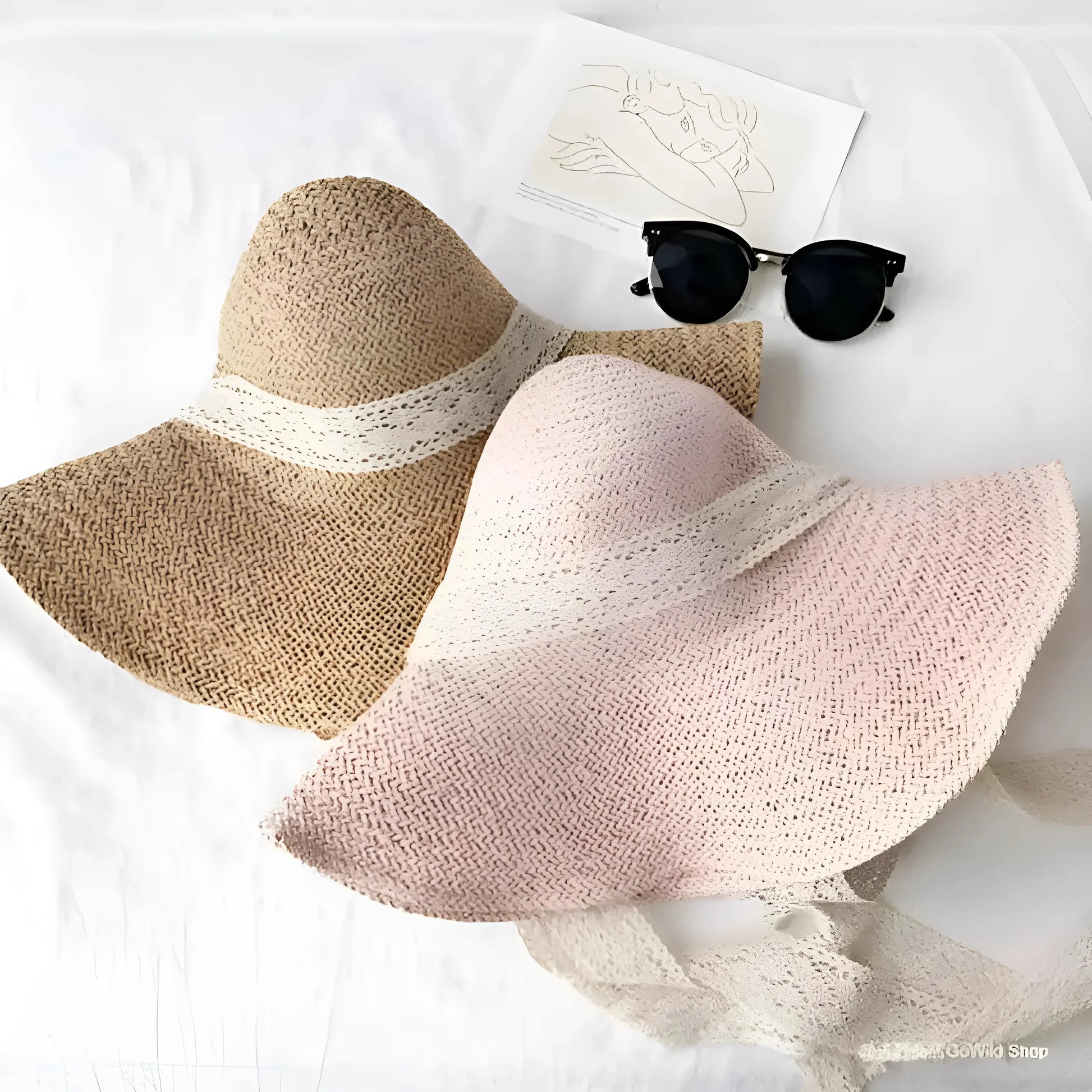 Beige-Rosa Cappello da spiaggia con nastro di pizzo