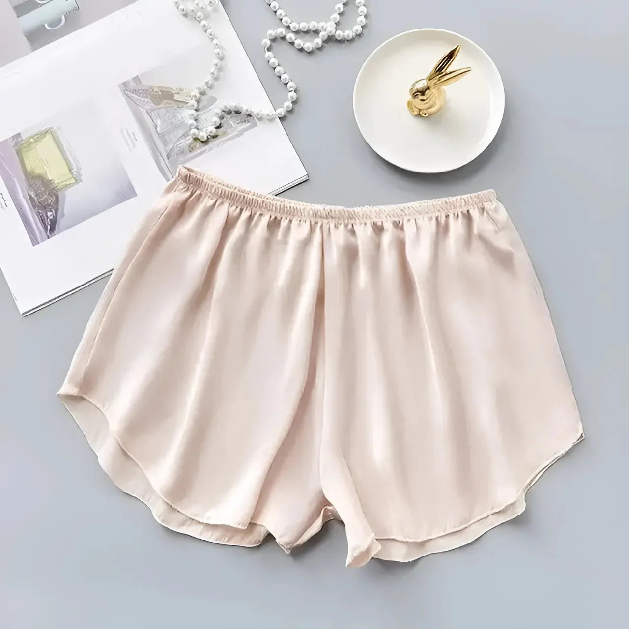 Beige Pantaloni Corti in Satin per Dormire