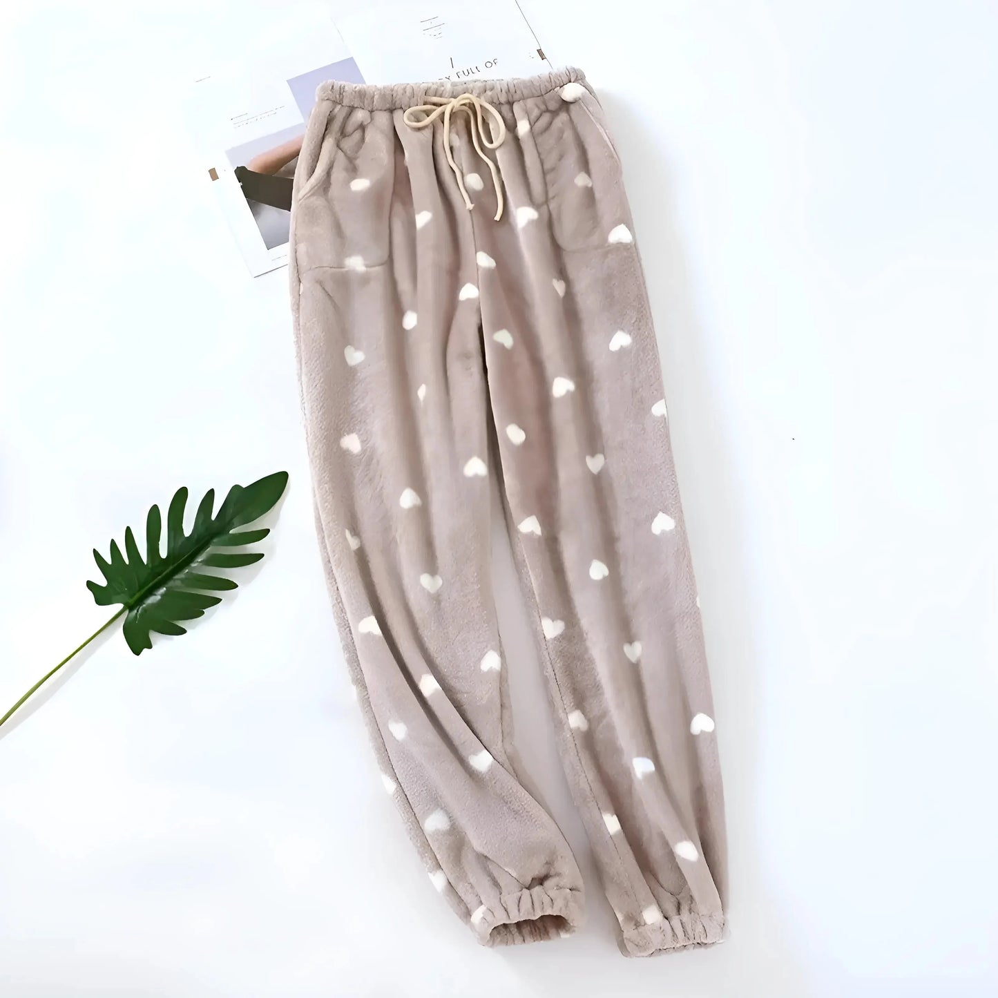 Beige Pantaloni da notte con stampa a cuore per donna