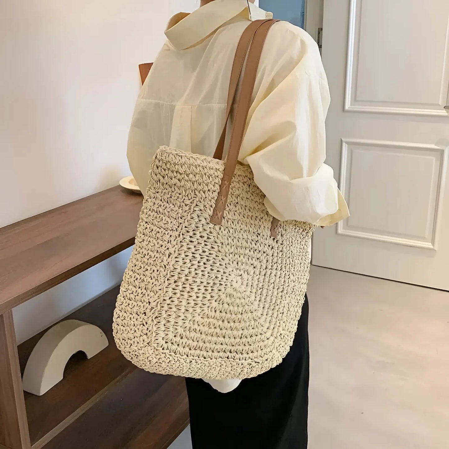 Beige Borsa da spiaggia intrecciata