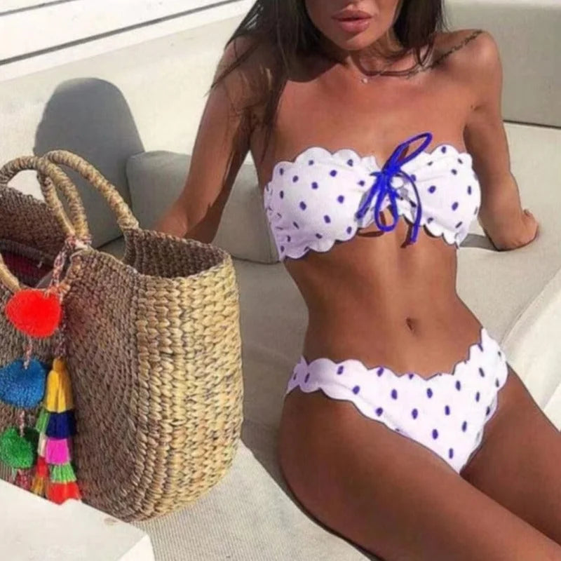 Bikini a pois senza spalline - blu / s