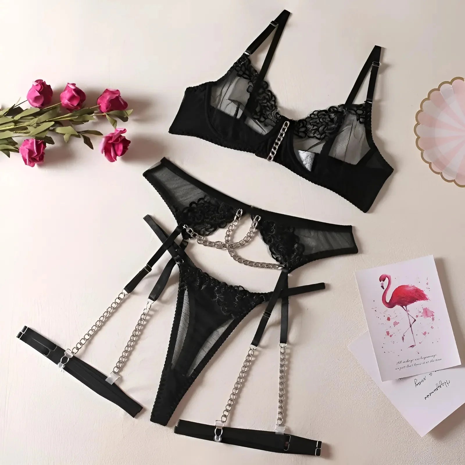 Nero Set di Lingerie in Pizzo a 3 Pezzi con Catene