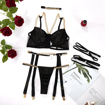 Nero Set di Lingerie a 3 Pezzi con Catene Decorative
