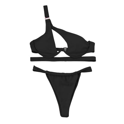 Nero Bikini Asimmetrico con Fibbia sulla Spalla