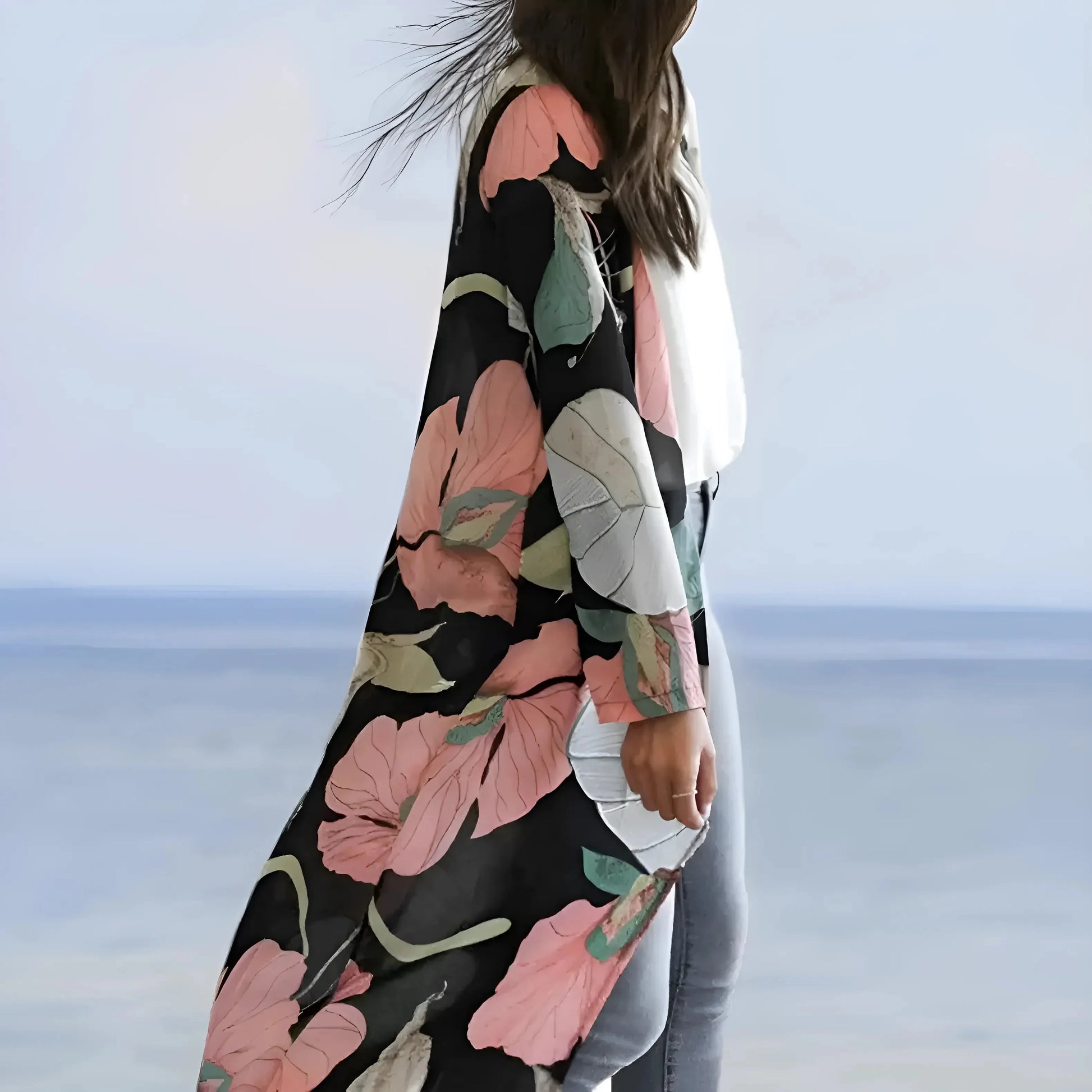 Nero Kimono da spiaggia con stampa floreale