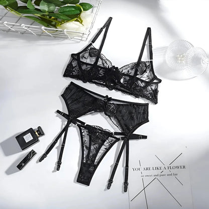 Nero Set di Lingerie in Pizzo in Tessuto Trasparente