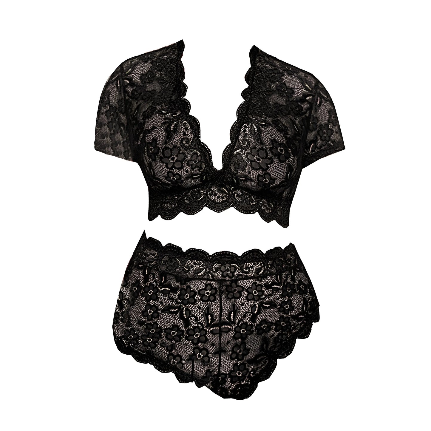 Nero Set di Lingerie in Pizzo con Spalle Coperte in Taglie Forti