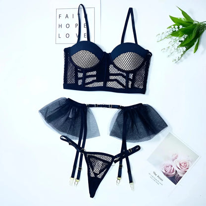 Nero Set di Lingerie in Pizzo con Volant