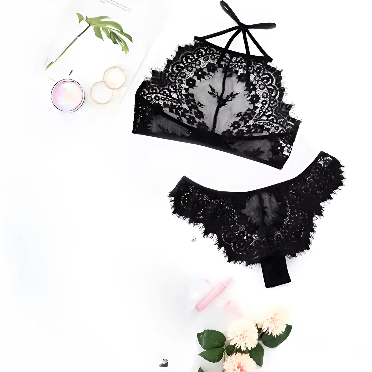 Nero Set di Lingerie in Pizzo con Reggiseno a Copertura Totale