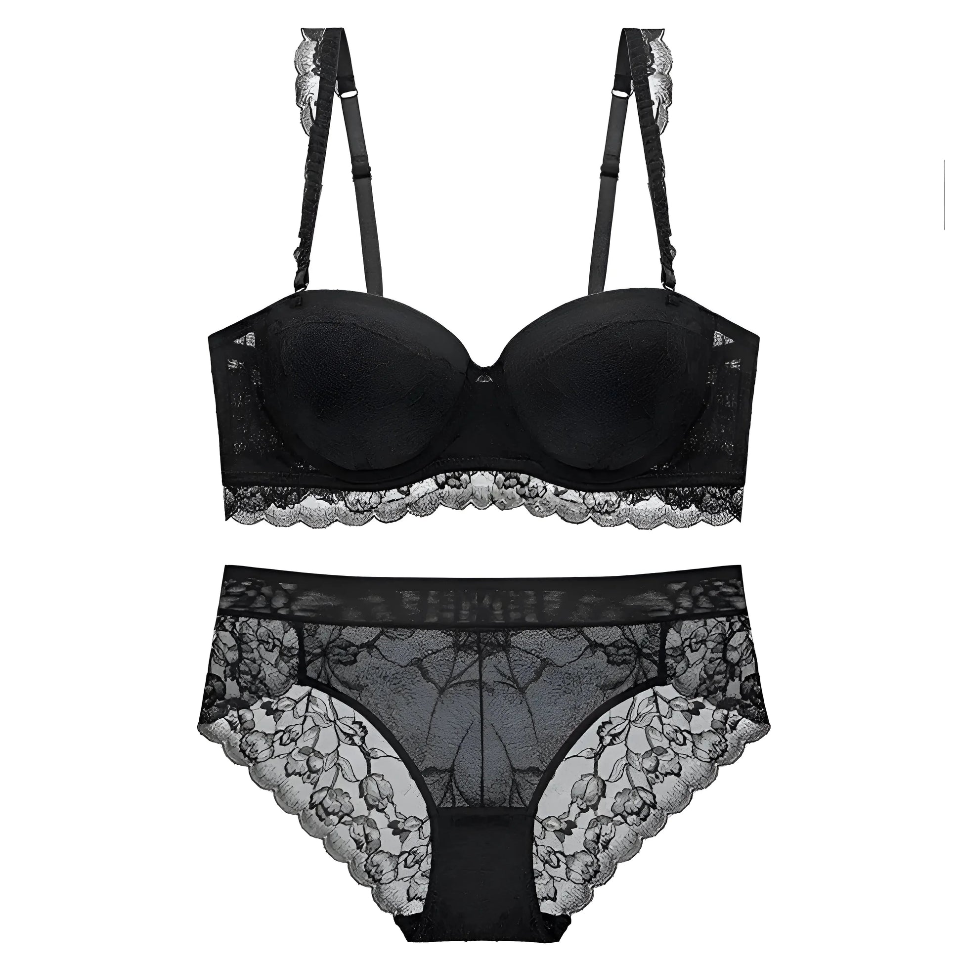 Nero Set di Lingerie in Pizzo con Reggiseno a Scollatura Bassa