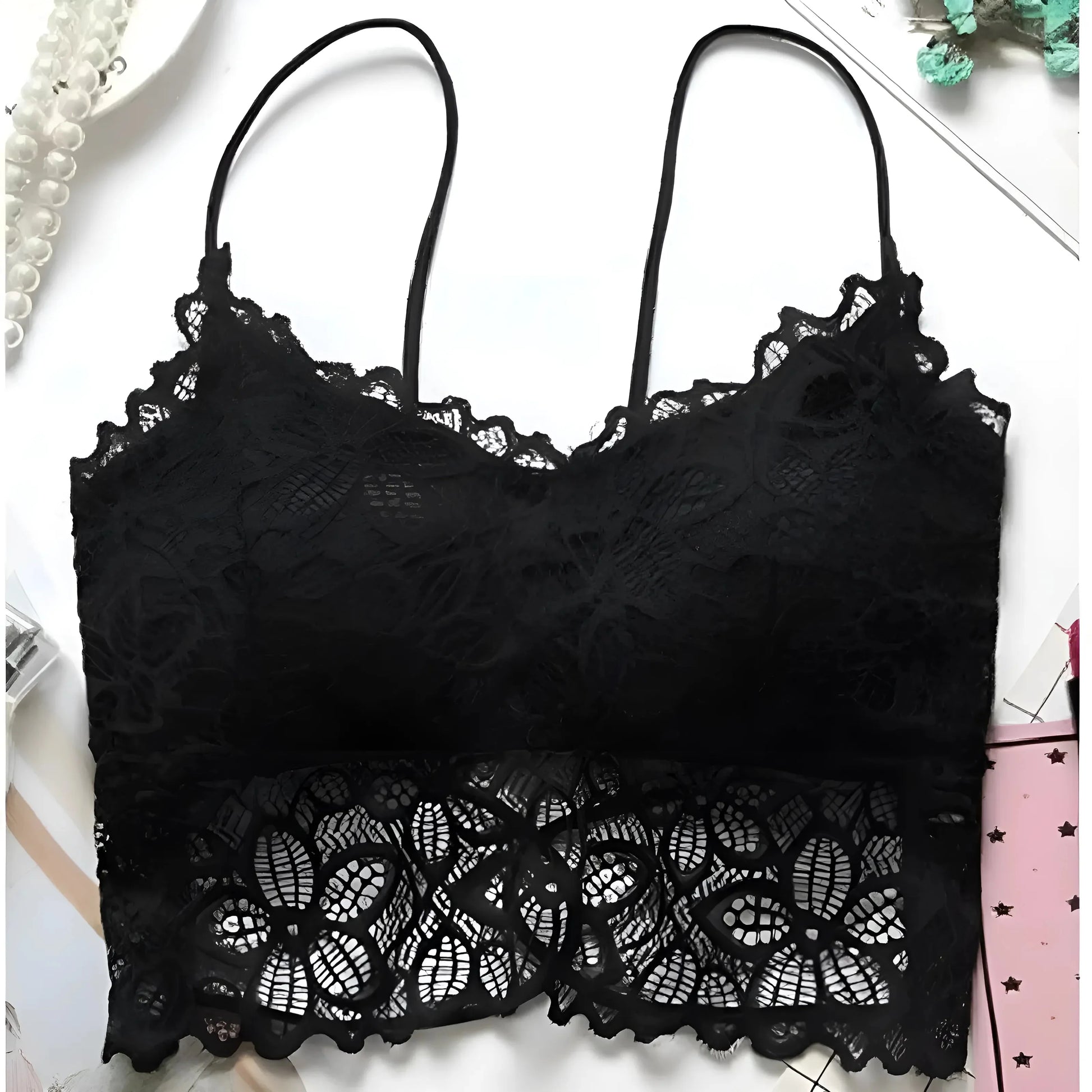 Nero Bralette Push-Up in pizzo con design a vita bassa