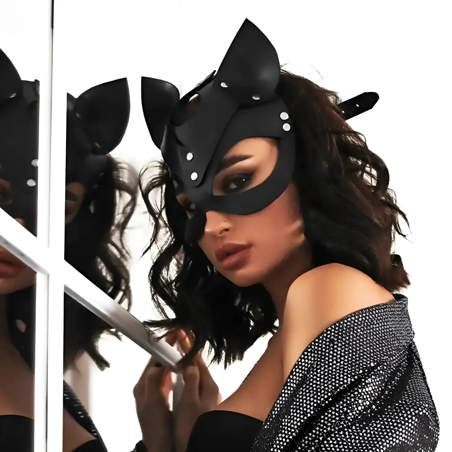 Nero Maschera di pelle per gatti con orecchie