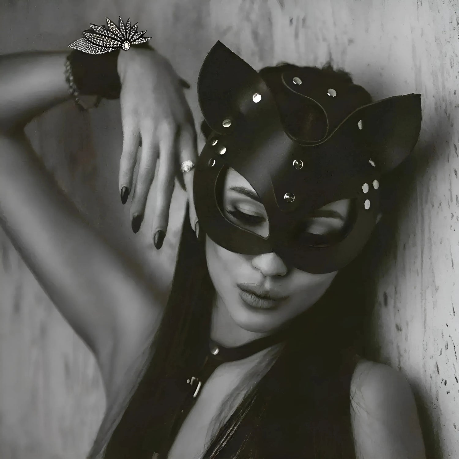 Nero Maschera di pelle per gatti con orecchie