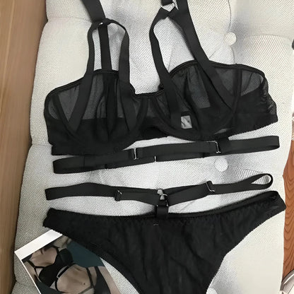 Nero Set di Lingerie con Cinghie Decorative