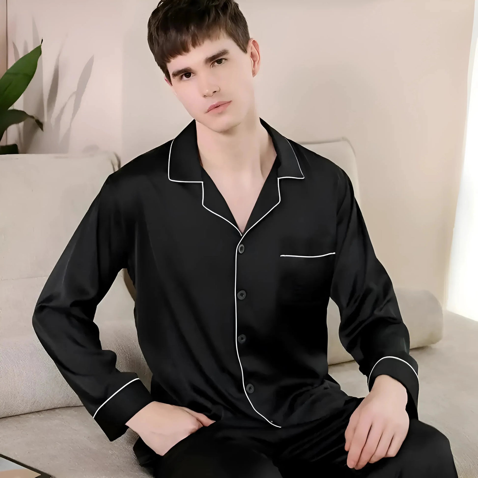 Nero Set di Pigiama in Satin da Uomo