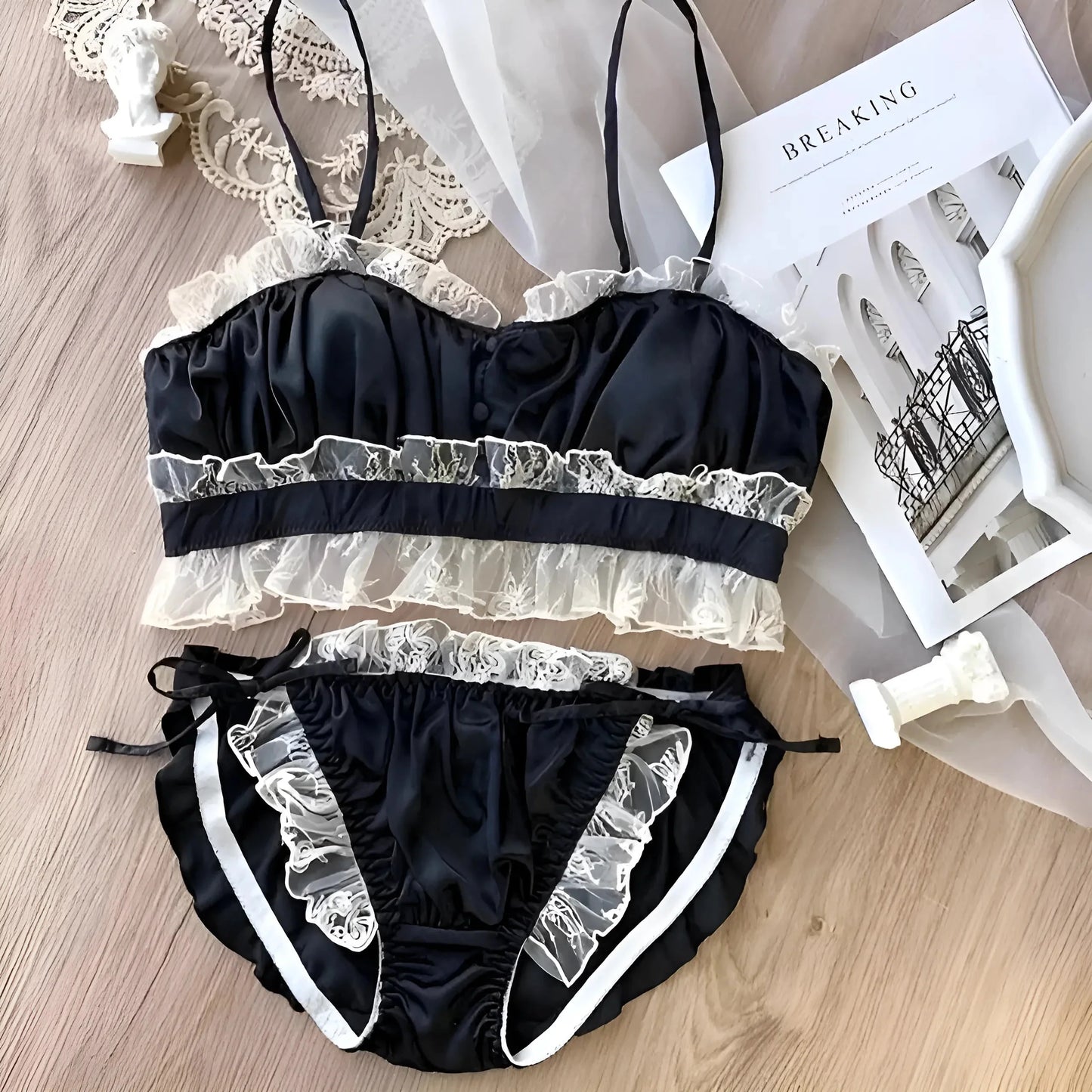 Nero Set di Lingerie in Pizzo Arricciato