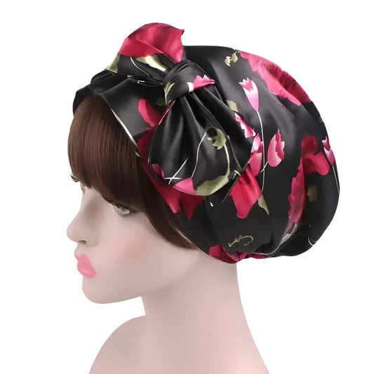 Nero Cappello da notte in satin con lacci