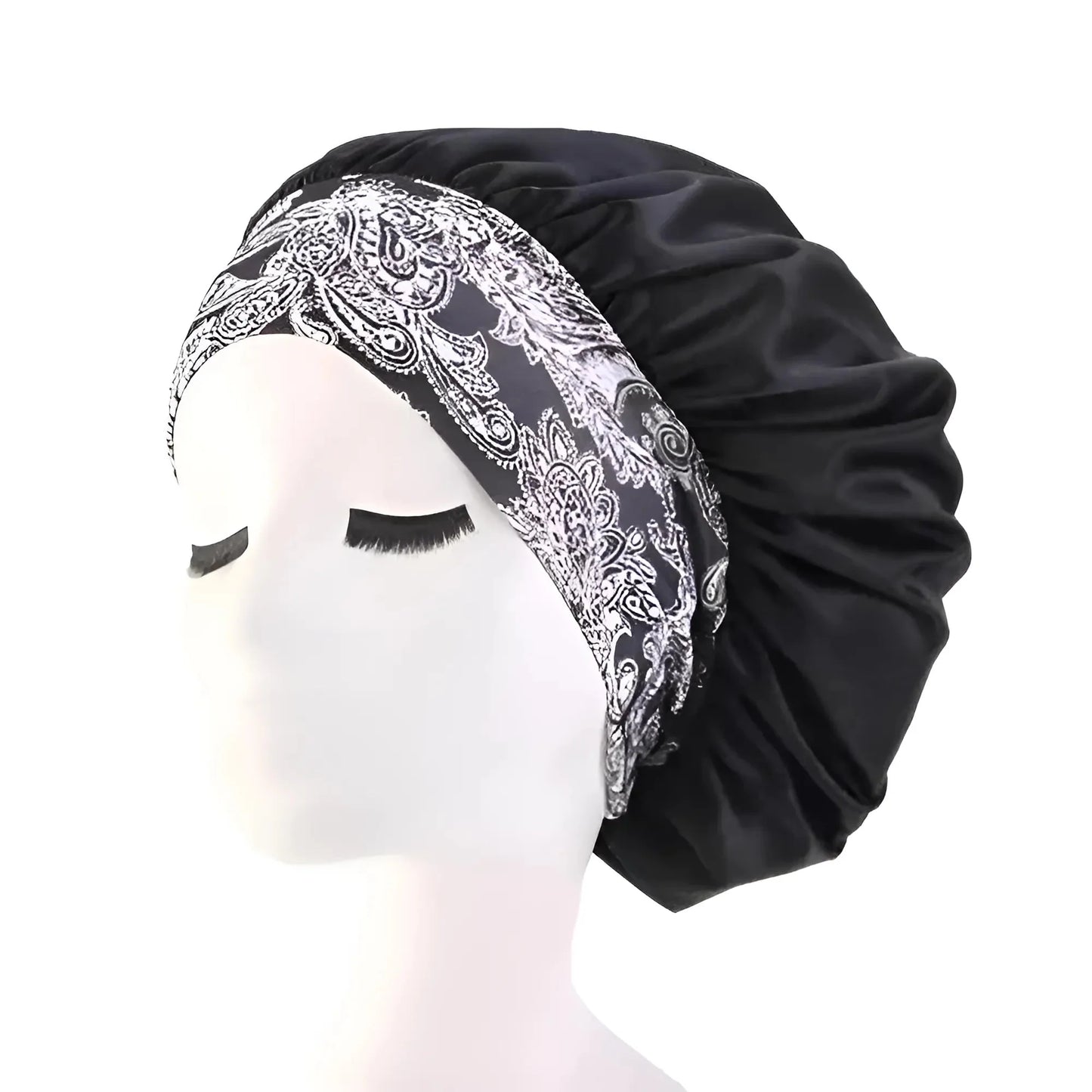 Nero Cappello da notte in satin con ampia fascia elastica