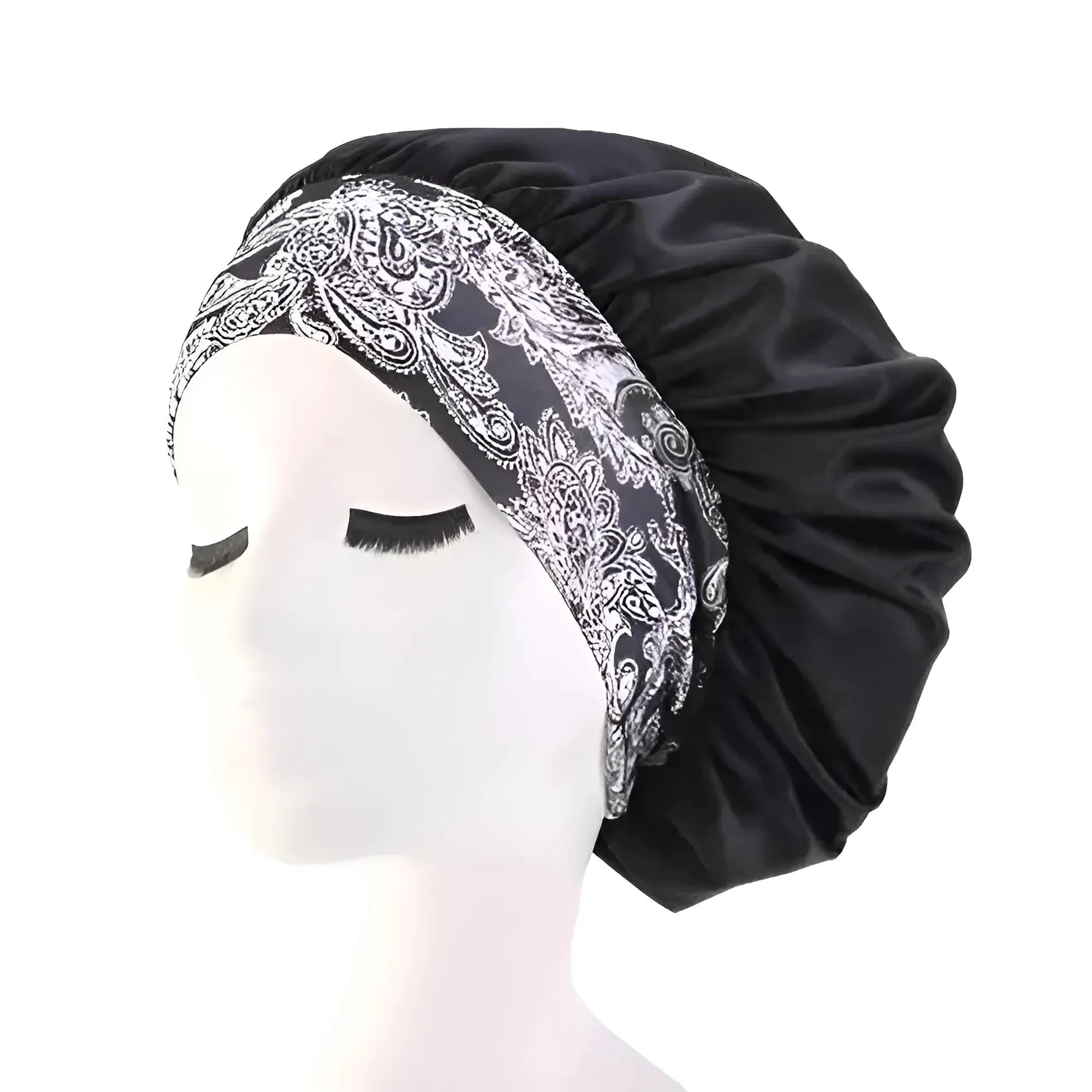 Nero Cappello da notte in satin con ampia fascia elastica