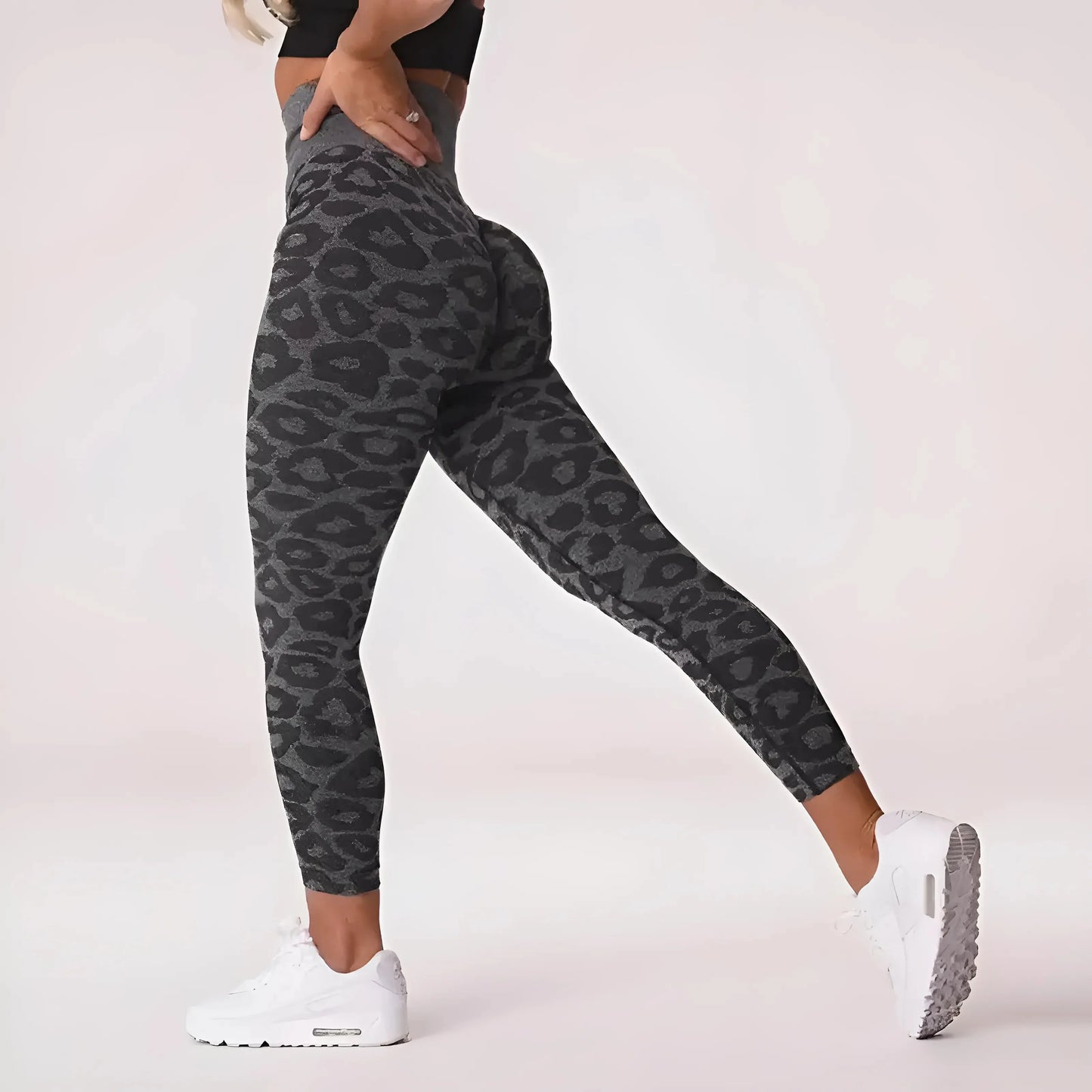 Nero Leggings Sportivi Donna con Stampa Leopardo