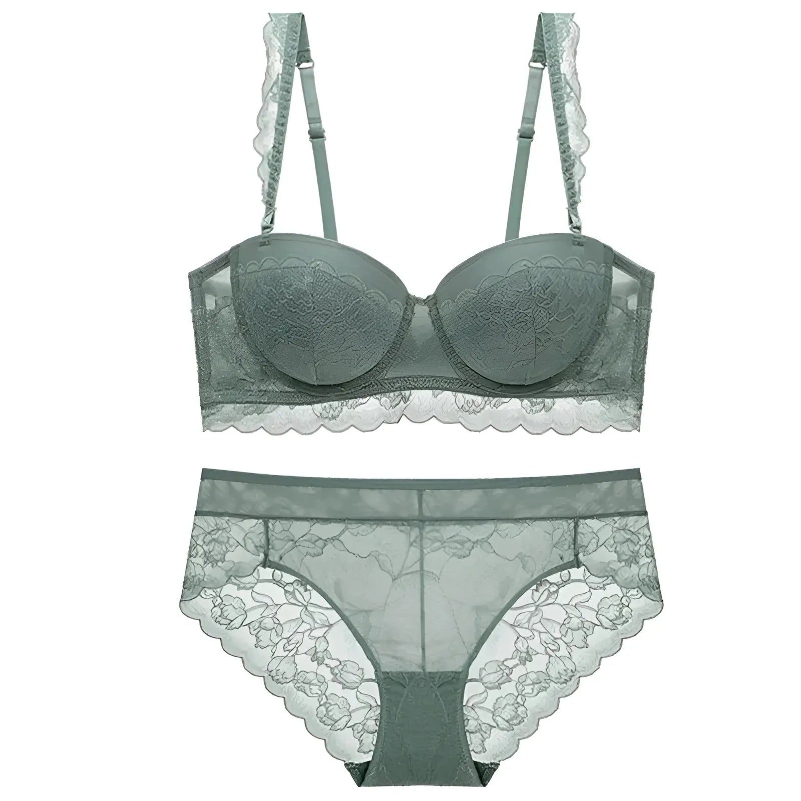 Blu Set di Lingerie in Pizzo con Reggiseno a Scollatura Bassa