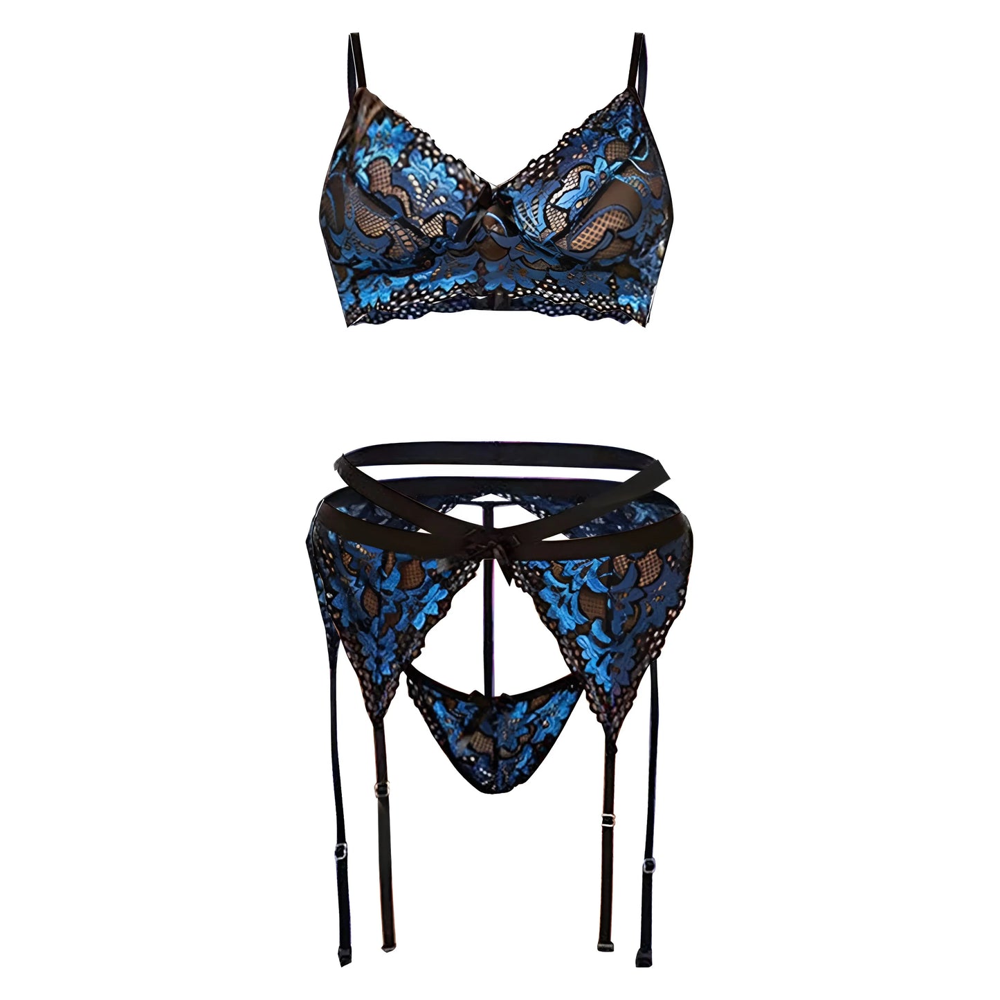 Blu Set di Lingerie in Pizzo con Cintura Reggicalze