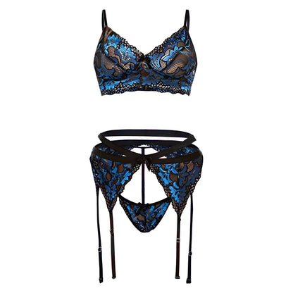 Blu Set di Lingerie in Pizzo con Cintura Reggicalze