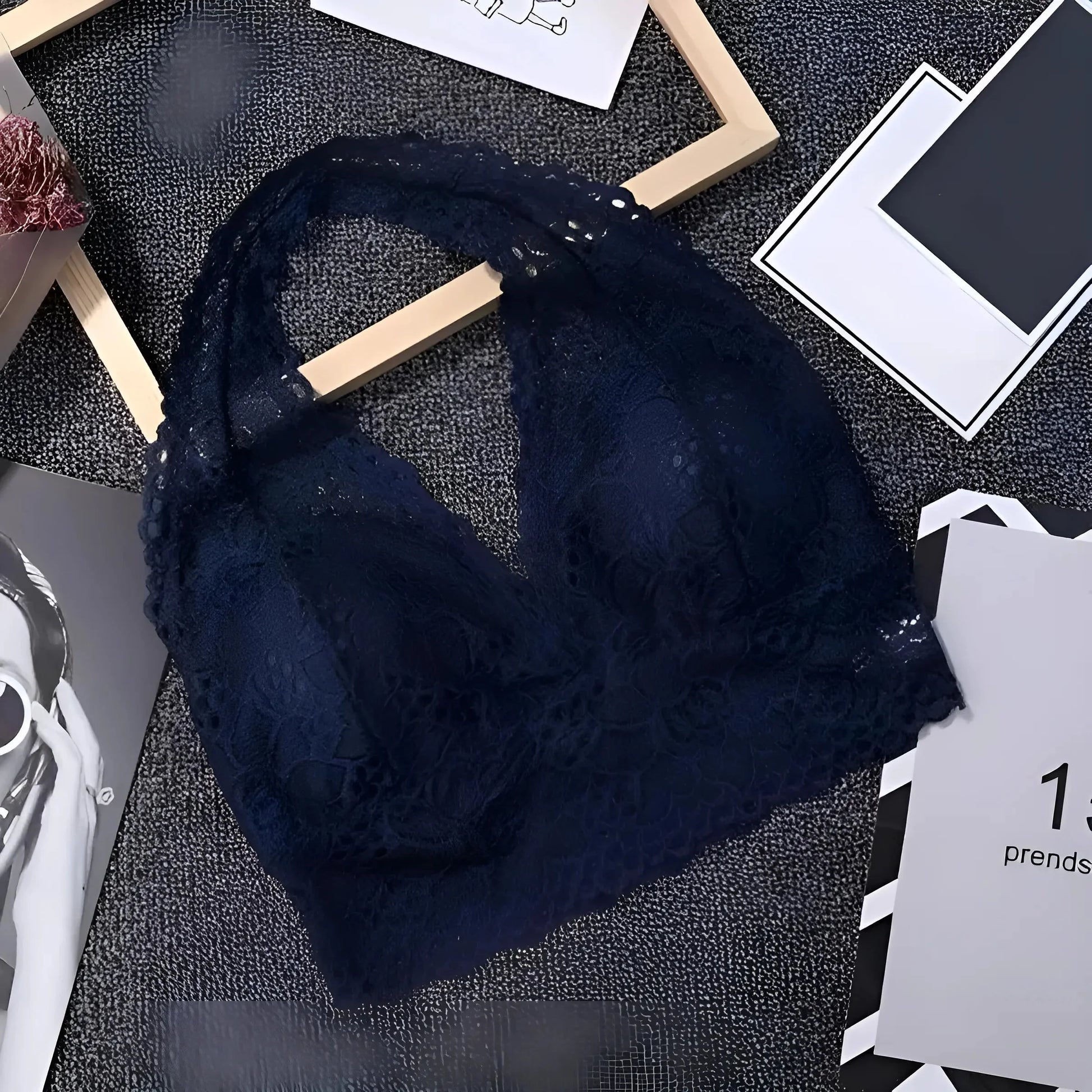 Blu Reggiseno Halter con Collo in Pizzo