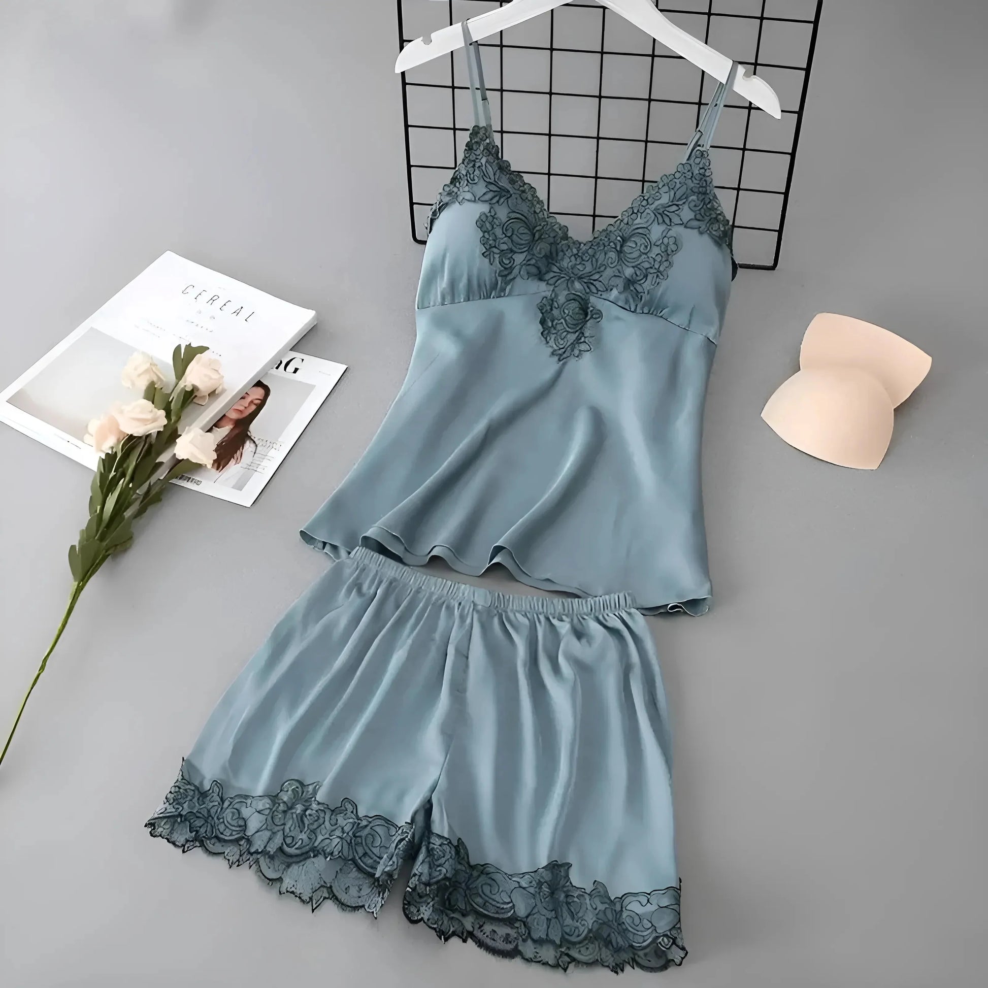 Blu Set di Pigiama da Donna con Pizzo