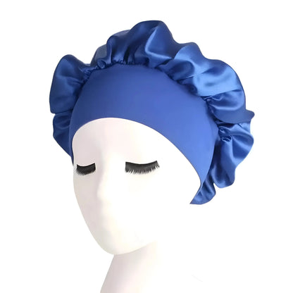 Blu Cappello da notte in satin con ampia fascia elastica