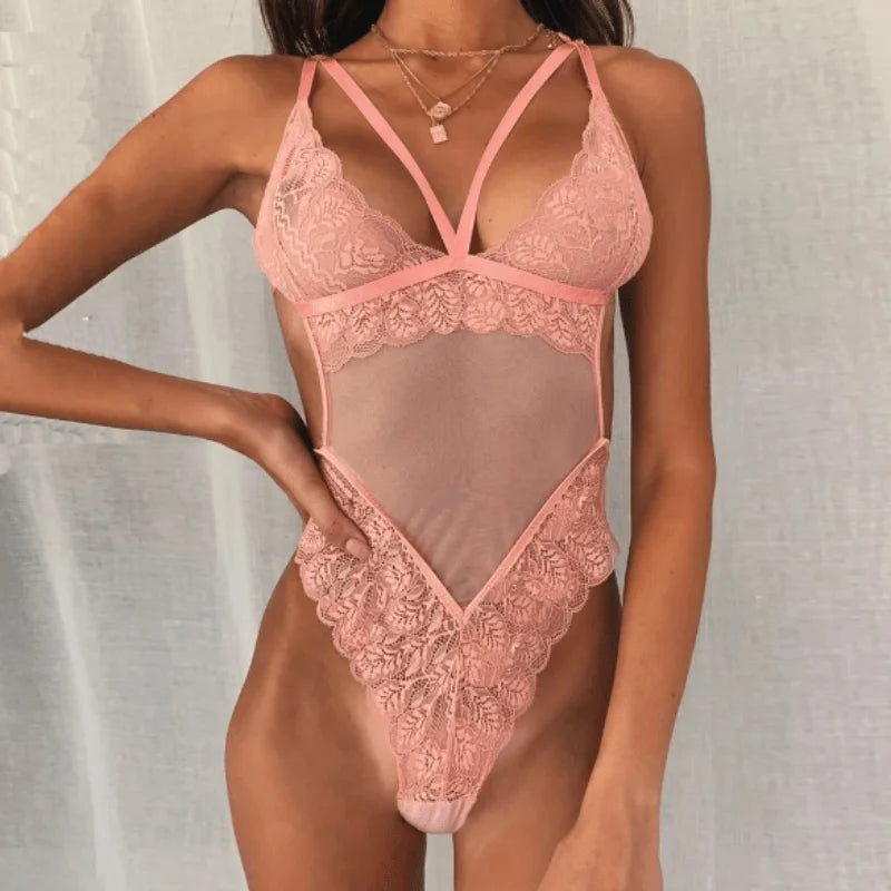 Body in pizzo con cinturini sullo scollo - rosa / s