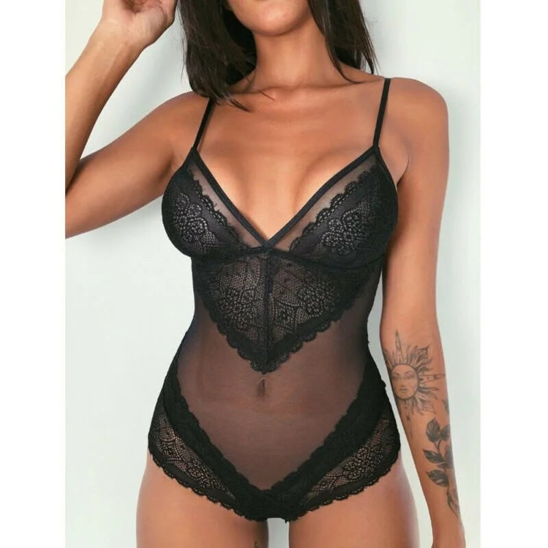 Body in pizzo universale con rete - nero / s