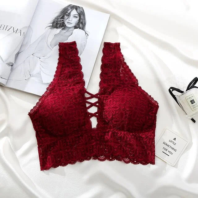 Bralette in pizzo con cinghie sul decolletè - borgogna / universale