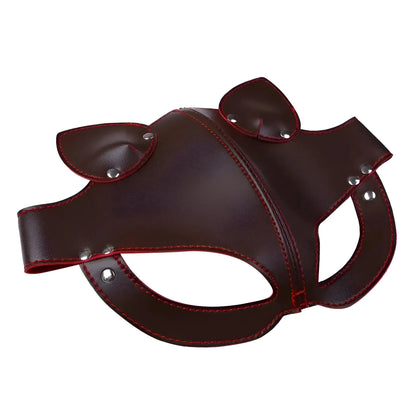 Marrone Maschera di Pelle con Orecchie e Cinghia Elastica