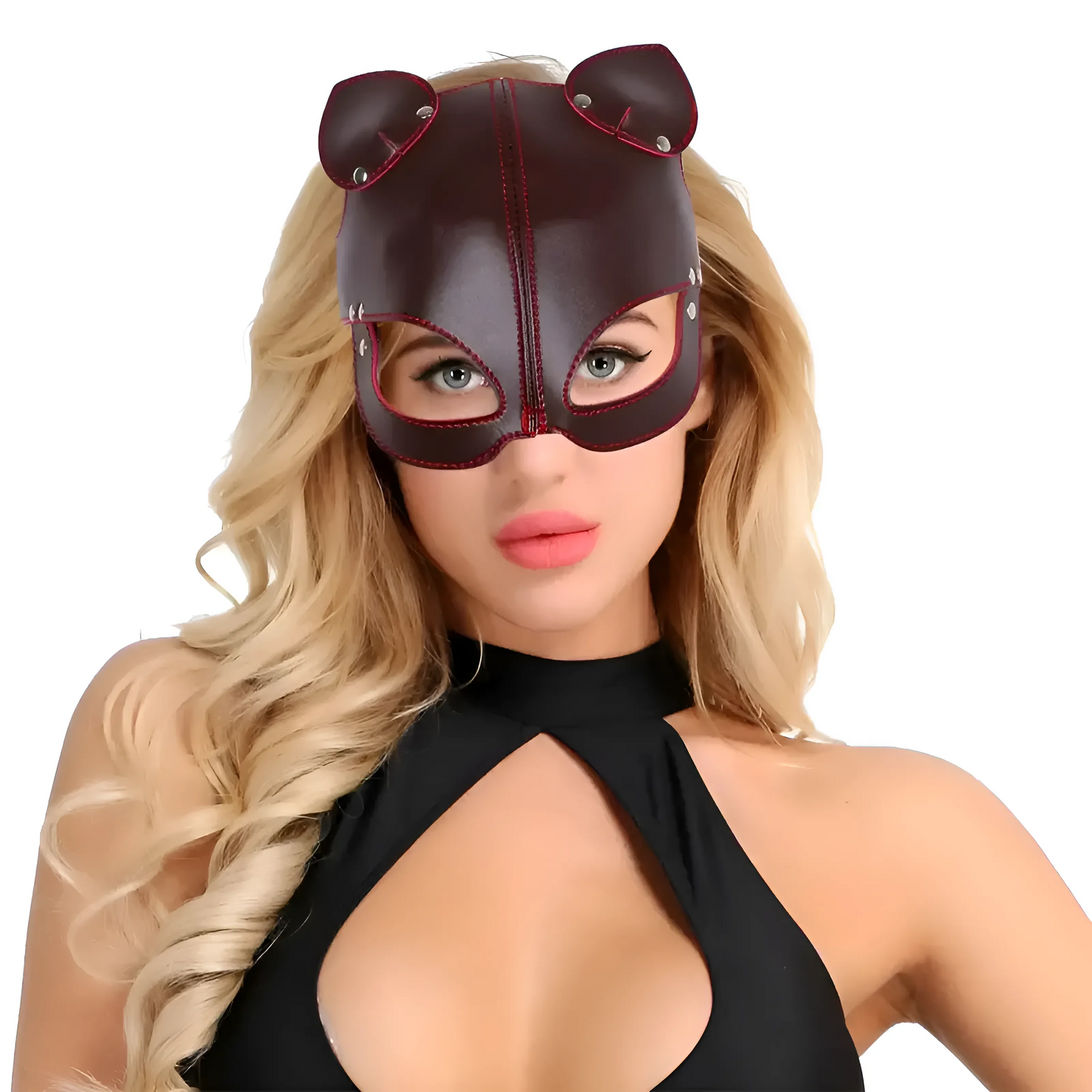 Marrone Maschera di Pelle con Orecchie e Cinghia Elastica