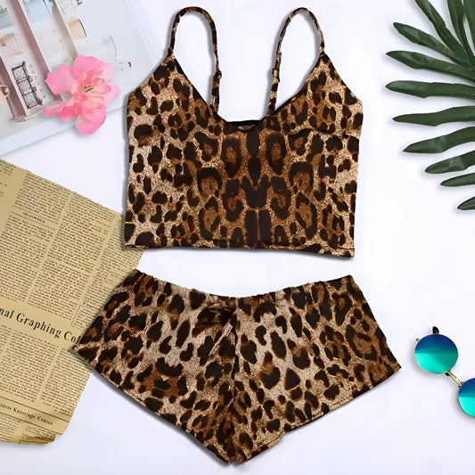 Marrone Set di Pigiama a Due Pezzi con Stampa Leopardo e Top Corto