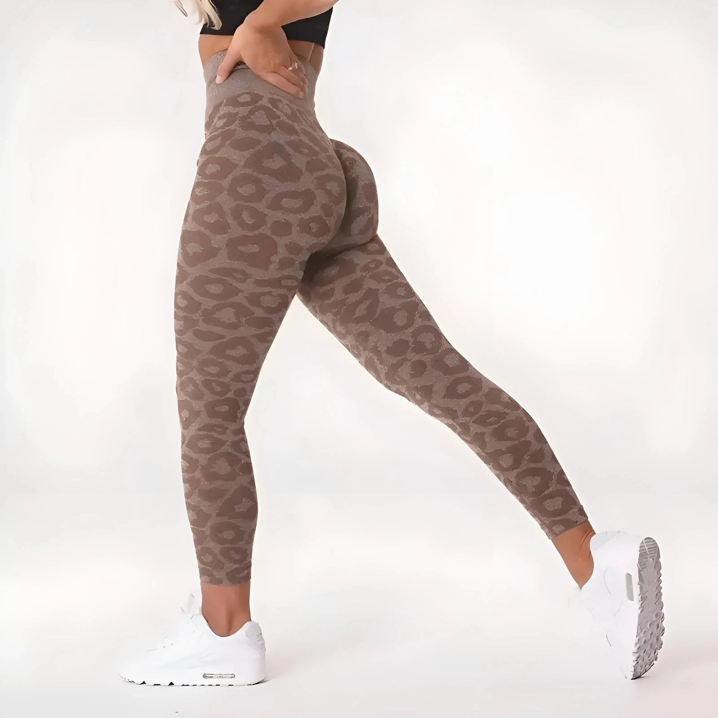 Marrone Leggings Sportivi Donna con Stampa Leopardo