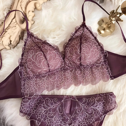 Borgogna Set di Lingerie in Pizzo con Decorazione Embossata