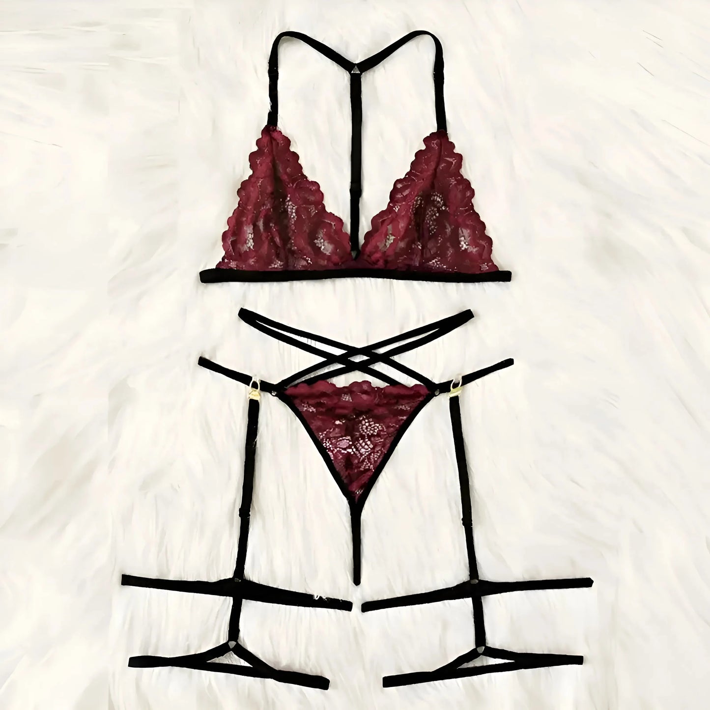 Borgogna Set di Lingerie in Pizzo con Cinghie Decorative