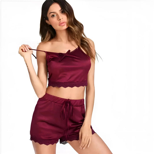 Borgogna Set di Pigiama in Satin con Top e Pantaloni Corti