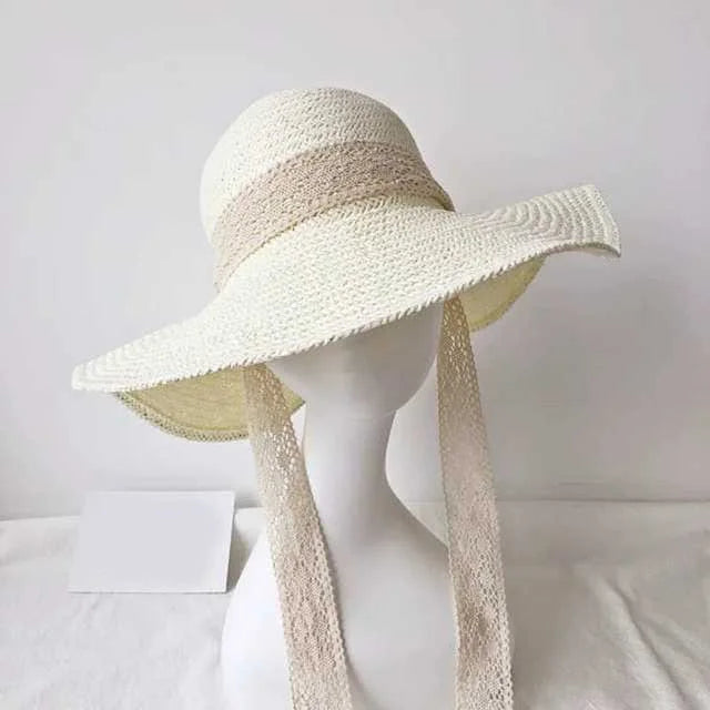 Cappello da spiaggia con nastro in pizzo - beige / universale